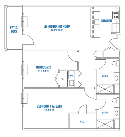 Contemporary apartment floor plan showcasing 2 spacious bedrooms, an airy living/dining area, modern kitchen, and private patio.