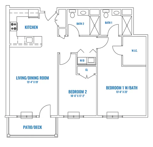 Contemporary apartment floor plan showcasing 2 bedrooms with a spacious living/dining area, modern kitchen, and private patio deck.