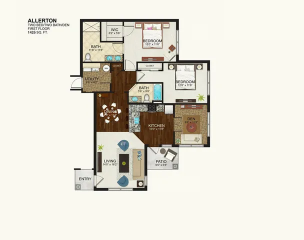 Allerton floor plan showcasing a spacious 1425 sq. ft. layout with 2 bedrooms, 2 baths, a den, and an open kitchen flowing into a living and dining area. Features utility room and cozy patio.