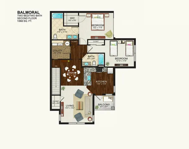 Balmoral floor plan showcasing a spacious 1360 sq. ft. layout with 2 bedrooms, 2 bathrooms, and an inviting living area. Includes modern kitchen, dining space, utility area, and private balcony.