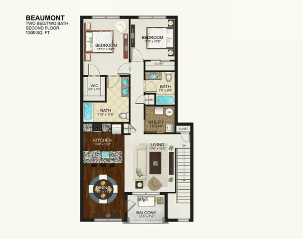 Beaumont floor plan showcasing a spacious two-bedroom, two-bath layout with a stylish kitchen, open living area, and private balcony. Ideal for modern living with 1300 sq ft of space.