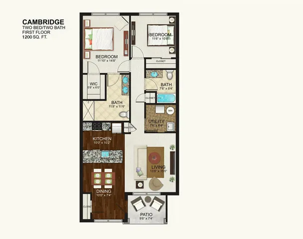 Cambridge floor plan showcasing a spacious 1200 sq. ft. layout with two bedrooms, two bathrooms, a modern kitchen, dining area, living room, utility space, and relaxing patio.