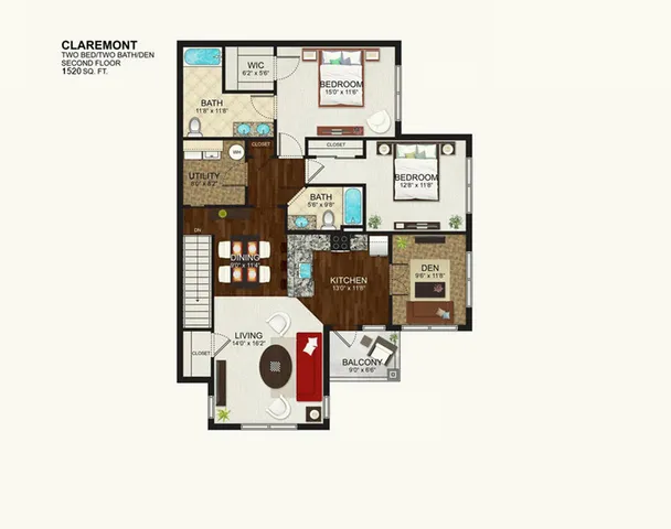 Claremont spacious 1520 sq. ft. floor plan featuring 2 bedrooms, 2 bathrooms, a cozy den, inviting living and dining area, and a modern kitchen with balcony access.