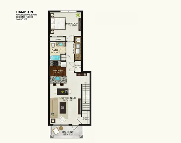 Hampton floor plan featuring 1 bedroom, a cozy kitchen, integrated living and dining area, and a scenic balcony, 900 sq ft.