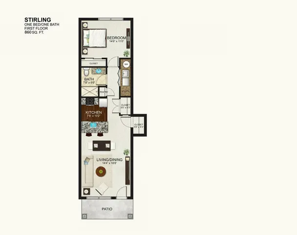 Chic Stirling floor plan showcasing a modern 1 bedroom, 1 bathroom layout with cozy living/dining area, contemporary kitchen, and inviting patio, spanning 860 sq. ft.