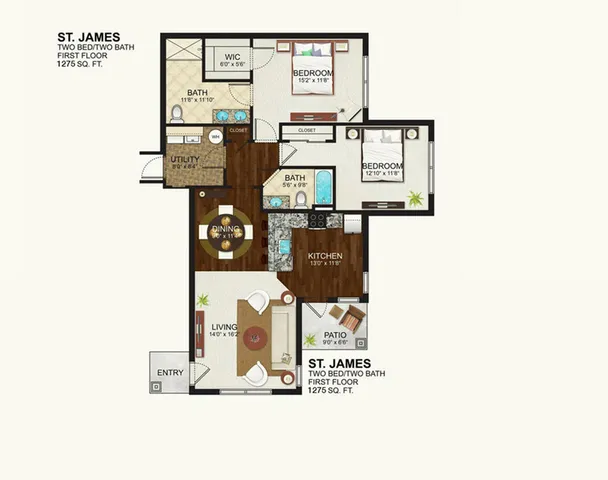 Elegant St. James floor plan featuring two spacious bedrooms, two modern baths, a cozy living space, and a stylish kitchen, covering 1275 sq. ft. with a welcoming patio.