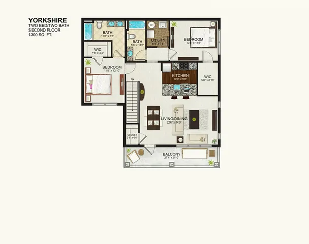 Yorkshire floor plan featuring 2 bedrooms, 2 baths, a modern kitchen, spacious living/dining area, utility room, and a charming balcony, covering 1300 sq ft.