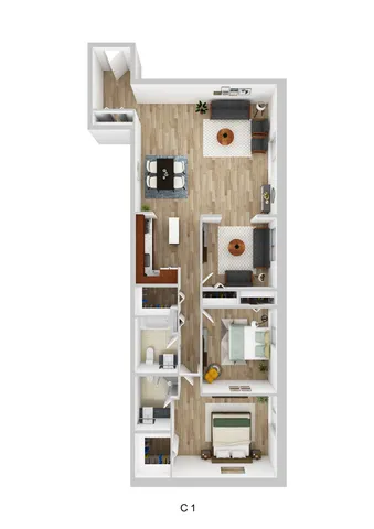 Elegant 3D floor plan showcasing a modern apartment with three bedrooms, two stylish living areas, and a chic open kitchen.