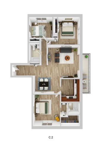 Modern 3D floor plan featuring 3 spacious bedrooms, inviting living area, elegant kitchen, and a cozy balcony for relaxation.