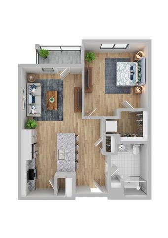 Contemporary 2D floor plan showcasing a cozy 1-bedroom layout with an open-concept kitchen and living area, stylish bathroom, and inviting balcony.