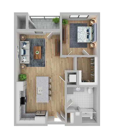 Modern 3D floor plan showcasing 1 bedroom, spacious open-concept kitchen and living area, and a sleek bathroom.