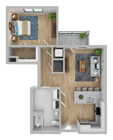 Modern 3D floor plan showcasing a spacious 1-bedroom apartment with an open-concept living and kitchen area, a stylish bathroom, and a cozy balcony.