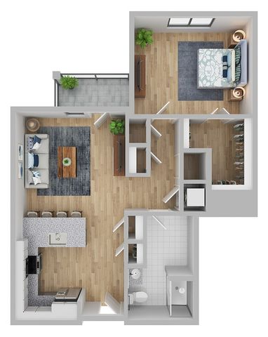 Modern floor plan showcasing a spacious bedroom, luxurious bathroom, open-concept living area, and sleek kitchen, complete with a cozy balcony.