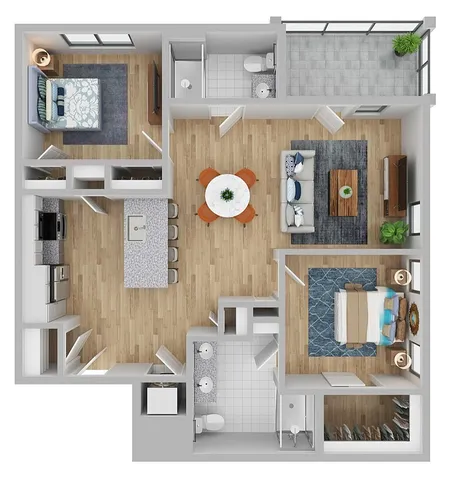 Chic 3D floor plan showcasing 2 cozy bedrooms, an open-concept living room, a gourmet kitchen with island seating, and a modern patio space.