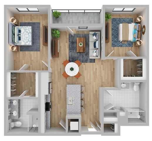 Chic 2D floor plan showcasing an elegant apartment with 2 bedrooms, open-concept kitchen, modern living area, and two sleek bathrooms.