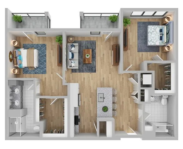 Modern 2D apartment floor plan with two bedrooms, spacious living area, gourmet kitchen with island, and two bathrooms. Features private balconies and walk-in closets.
