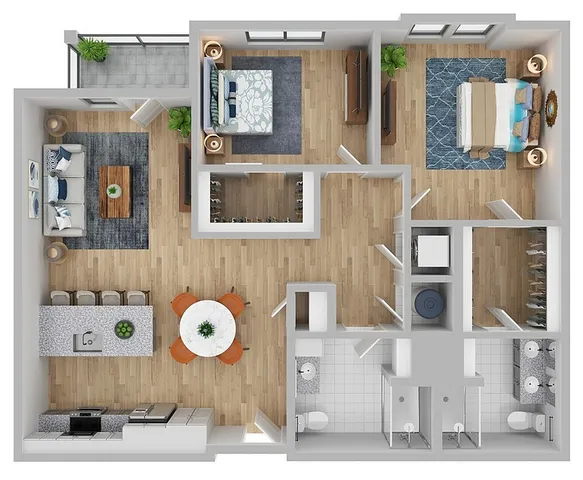 Modern 3D floor plan showcasing 2 bedrooms, an open-concept living room, gourmet kitchen with breakfast bar, and 2 stylish bathrooms.
