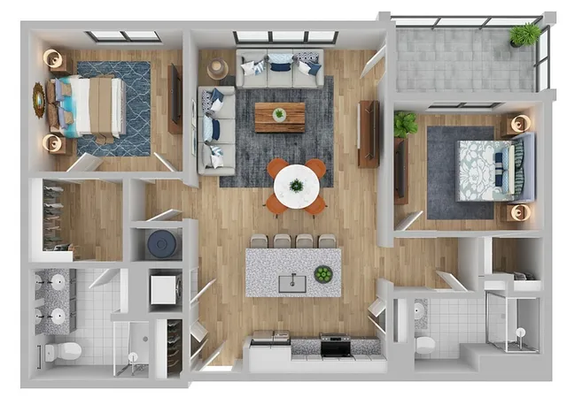Modern apartment floor plan featuring 2 spacious bedrooms, open-concept living and dining area, sleek kitchen with island seating, and private balcony.