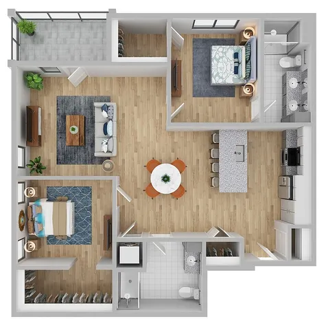 Contemporary open-layout floor plan featuring 2 bedrooms, an elegant kitchen with island, and inviting living area, complete with balcony access.