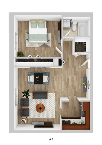 Chic floor plan A1 featuring one spacious bedroom, modern kitchen, cozy living area, and elegant bathroom with wood-style flooring.