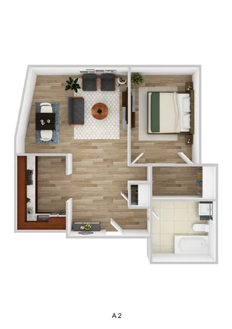 Elegant floor plan showcasing a cozy 1-bedroom apartment with a stylish living area, compact kitchen, and modern bathroom.