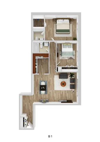Elegant 2D floor plan showcasing a modern two-bedroom apartment with an open living area, sleek kitchen, and stylish decor.