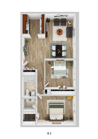 Modern 3D floor plan of a 2-bedroom apartment with sleek wood flooring, featuring a spacious open-concept kitchen, inviting living and dining area, and two cozy bedrooms.