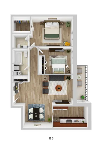Modern 3D floor plan for a two-bedroom apartment featuring a spacious open living area, sleek kitchen, and private balcony.
