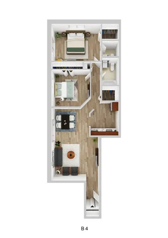 Chic 3D floor plan highlighting 2 spacious bedrooms, a cozy open living area, and a modern kitchen design.