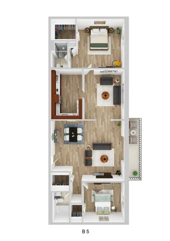 Elegant 3D floor plan showcasing a spacious layout with two bedrooms, sleek modern kitchen, cozy living area, and private balcony.