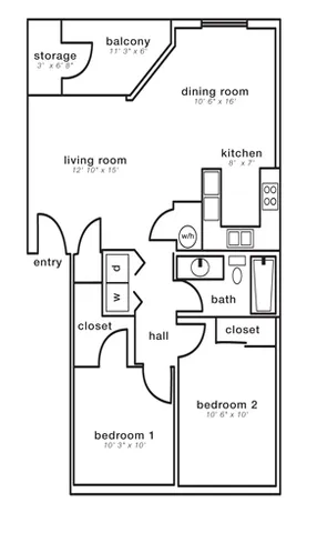 Two-bedroom floor plan for Meadow Crest apartments in Vancouver, WA