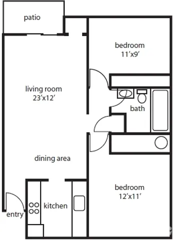 Floor plan of two-bedroom unit at Mountain View apartments in Oregon City, OR