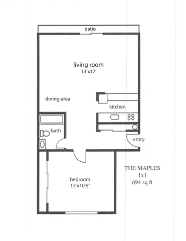 One-bedroom floor plan at The Maples apartments