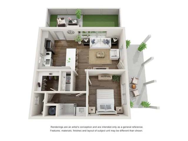 Modern 3D floor plan showcasing 1 cozy bedroom, elegant living area, stylish kitchen with island, and inviting outdoor patio.