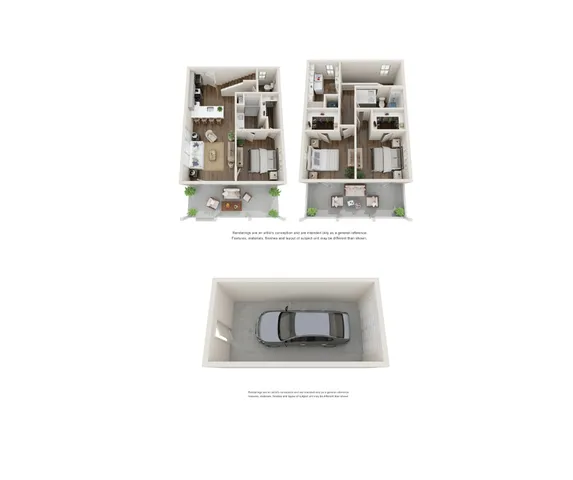 Charming two-story floor plan with 3 bedrooms, inviting open living area, modern kitchen, and private garage.