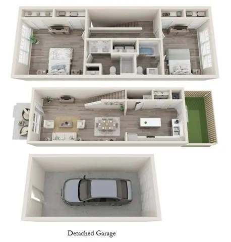 Elegant 3D floor plan showcasing a modern townhouse with 2 bedrooms, open-concept living area, stylish kitchen, private backyard, and detached garage.
