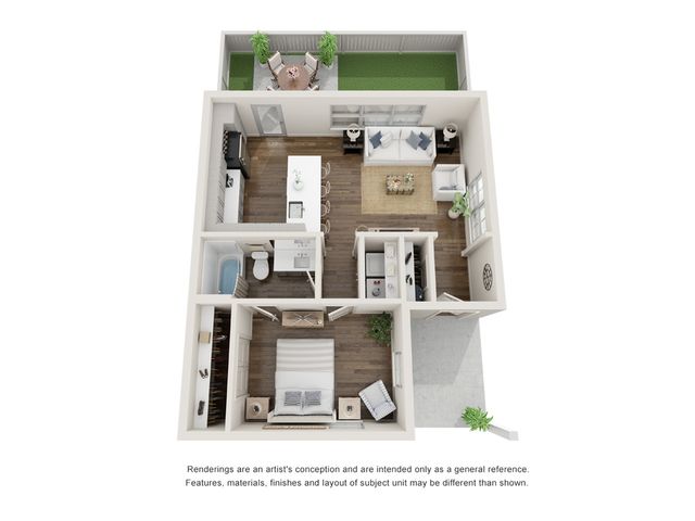 Inviting and modern 3D apartment floor plan showcasing a seamless open-concept design with a cozy living area, sleek kitchen with island, stylish bedroom, and a charming outdoor patio.