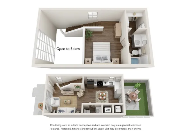Modern 3D floor plan showcasing a stylish loft bedroom with en-suite bathroom, spacious living area, and open kitchen, highlighting an inviting patio and lush garden space.