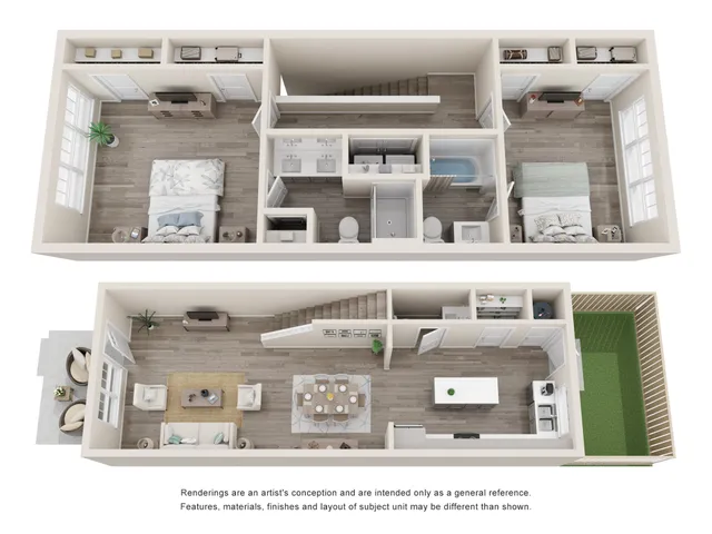 Luxurious 3D floor plan showcasing two spacious bedrooms, a stylish open-plan living and dining area, modern kitchen, and a private green space.