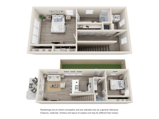 Contemporary two-story apartment floor plan showcasing an open-concept living room, sleek kitchen, and two elegant bedrooms with modern bathrooms. Features a private outdoor balcony and dedicated laundry space.
