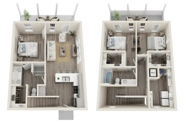 Modern 3D floor plan highlighting two-bedroom apartment with open living space, stylish kitchen, and private balconies.
