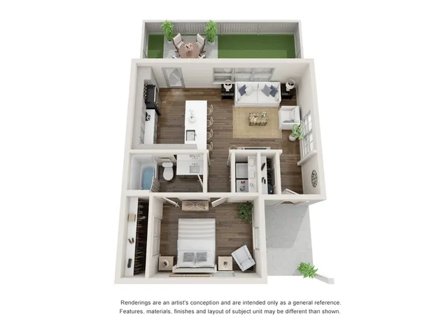 Charming 3D floor plan showcasing 1 bedroom, modern kitchen, cozy living room, and quaint outdoor patio.