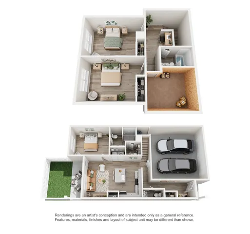 Modern 3D floor plan showcasing a stylish two-story townhouse with 3 bedrooms, cozy living room, open kitchen, and spacious 2-car garage.