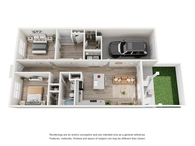 Modern apartment floor plan featuring 2 bedrooms, stylish living area, contemporary kitchen, and a private garage with adjacent garden space.