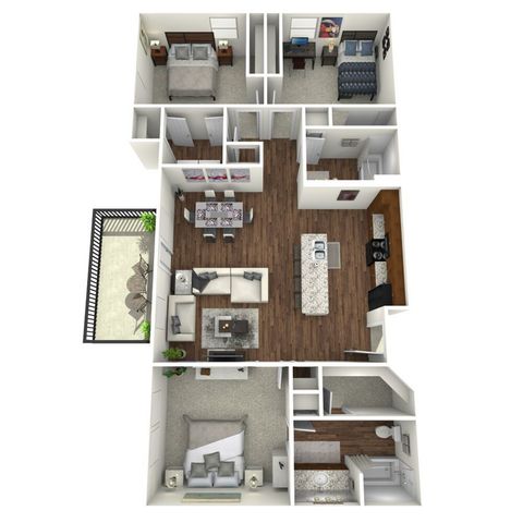 C Floor Plan, 3 Bed, 2 Bath, 1196 SqFt