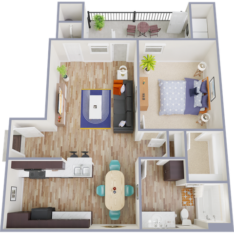 A2 Floor Plan, 1 Bed, 1 Bath, 747 SqFt