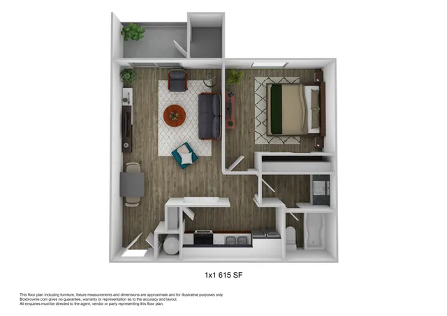 3d rendering of 1 bed 1 bath floor plan