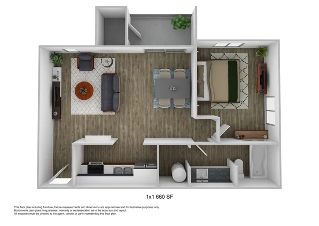 3d rendering of 1 bed 1 bath floor plan