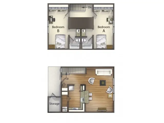 B2 Townhome Layout | 2 Bedroom Floor Plan | The Commons | Apartments in Oxford OH