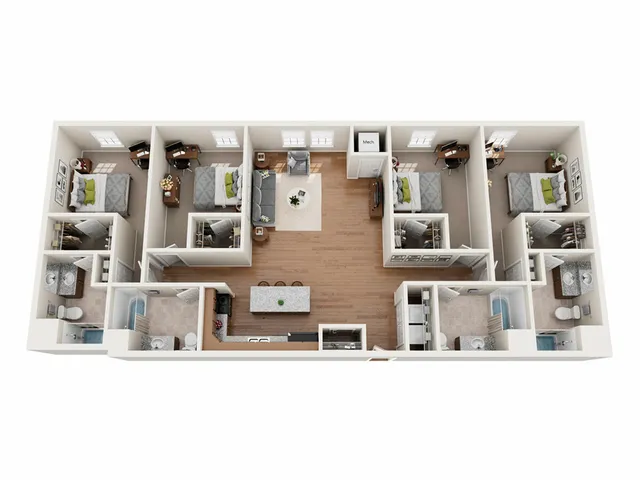 D1 Floor Plan | 4 Bedroom | University Hills | Toledo OH Student Apartments